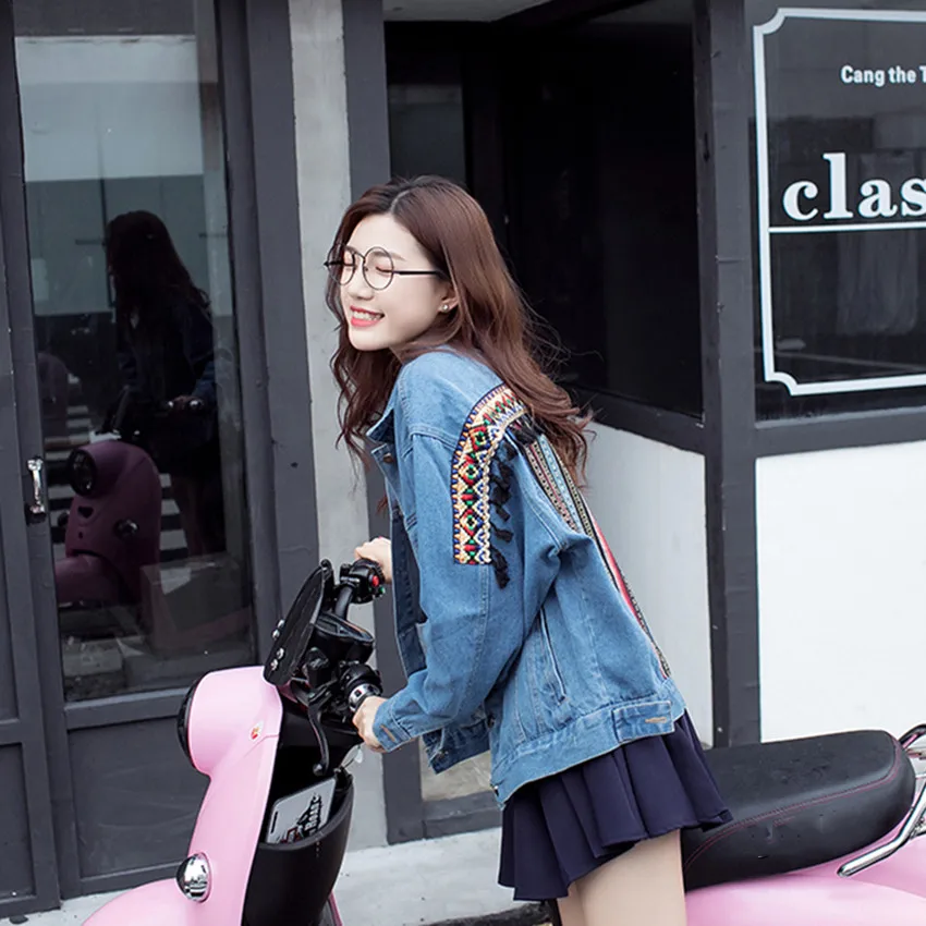 Ethnic Vintage Bohemian Embroidery Denim Jacket Women Basic Coats Ladies Plus Size Jeans Coat Outwear Jackets Chaqueta Mujer