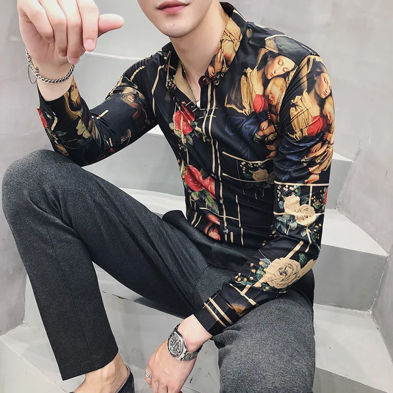 الفاخرة قميص مطبوع الرجال الذهب الأسود أبيض طويل الأكمام Camisa الغمد قميص أوم الاجتماعية الرجال نادي حفلة موسيقية قميص Kemeja بريا
