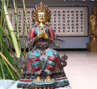 

004663 15 Tibet Pure Bronze Gild inlay Red coral turquoise Bodhisattva Maitreya Buddha