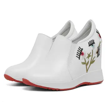 

Tennis Shoes Women Platform Creepers Genuine Leather Wedges High Heel Party Pumps Embroider Flowers Sneakers Punk Trainers Shoes