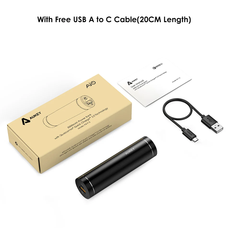 AUKEY Power Bank Quick Charge 3.0 5000mAh Mini Cylindrical Phone Power Bacnk Portable External Battery Fast Pover Bank for Phone