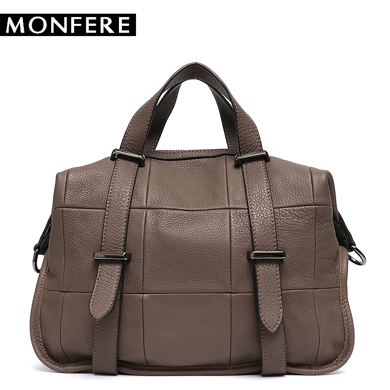 

MONFERE Brand High Quality Leather Tote Shoulder Bag Women Large Patchwork Crossbody Bag String Buckle Genuine Leather Handbags