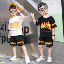 Спортивные костюмы для мальчиков, детская одежда для уличных танцев, летняя одежда, футболка с рисунком огня+ шорты, 2 предмета, одежда для маленьких мальчиков, roupa infantil