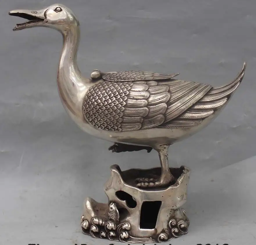 

6710980++10"Marked Chinese Silver Animal Duck Goose Goosey Swan Incense Burner Pot Statue