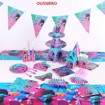 

OUSSIRRO New Trolls Party Supplies For Children Birthday Party Decorate Dishes And Cup and Flag Paper Party Tools Set