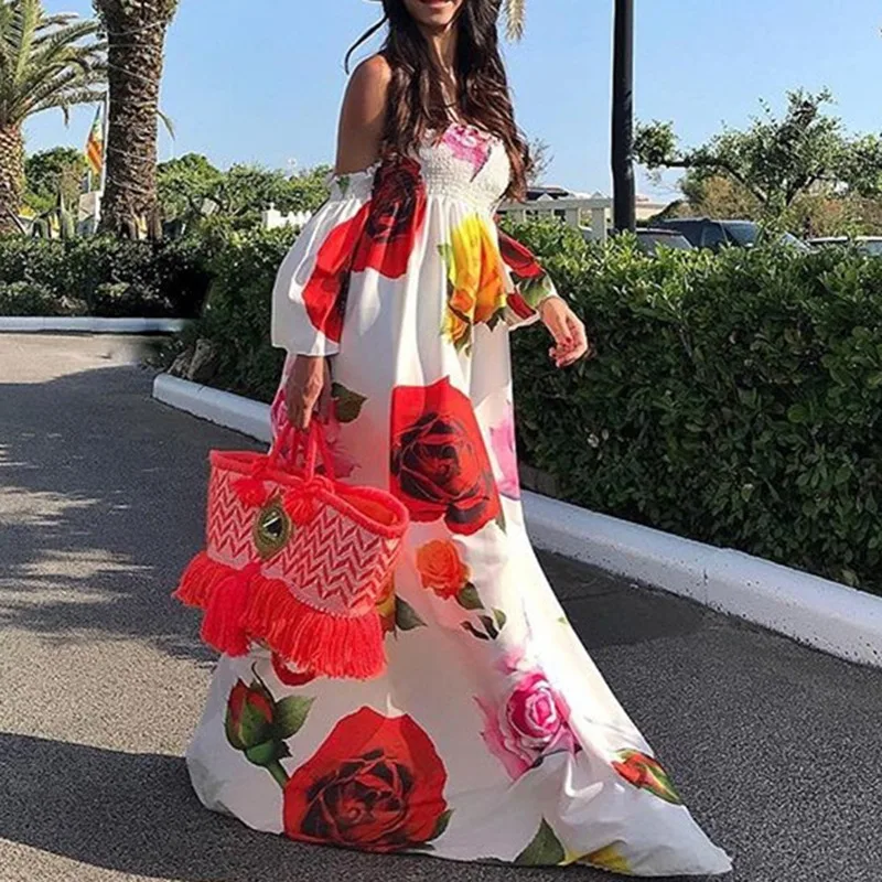 

Boho Style Women Summer Dress Slash Neck Floral Print Half Sleeve Dresses Beach Casual Vintage Dress Floor Length vestidos S-3XL