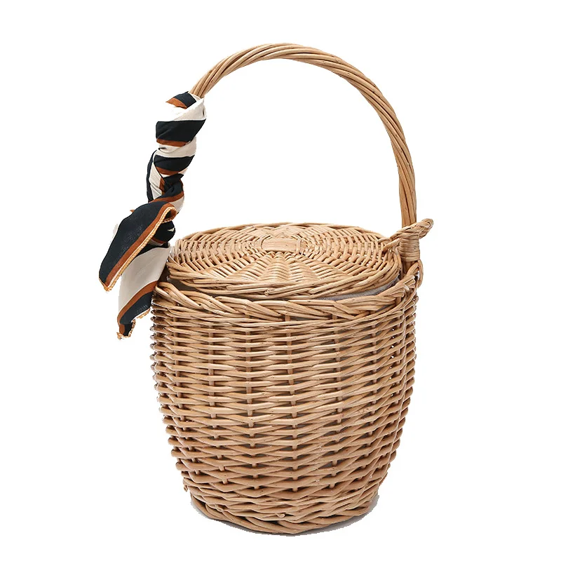 

Bucket hand woven rattan straw bags beach bag ladies small handbag Summer Vintage Rattan Bag for women Handmade Kintted