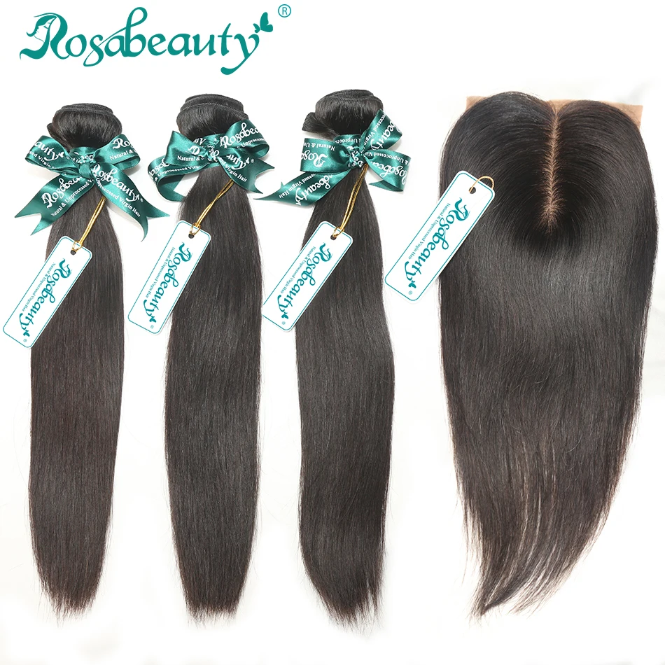 Rosa Hair Products 3 Pieces Brazilian Virgin Hair Bundles With Silk Base Closure Bleached Knots 4Pcs/Lot Straight Grade 6A