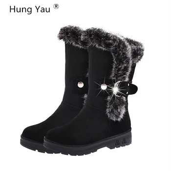 

Hung Yau Shoes For Women Mid-Calf Boots Boots Winter Warm Fur Lady Thick Bottom Boots Black Shoes Slip-On Female Shoes Size 5-10