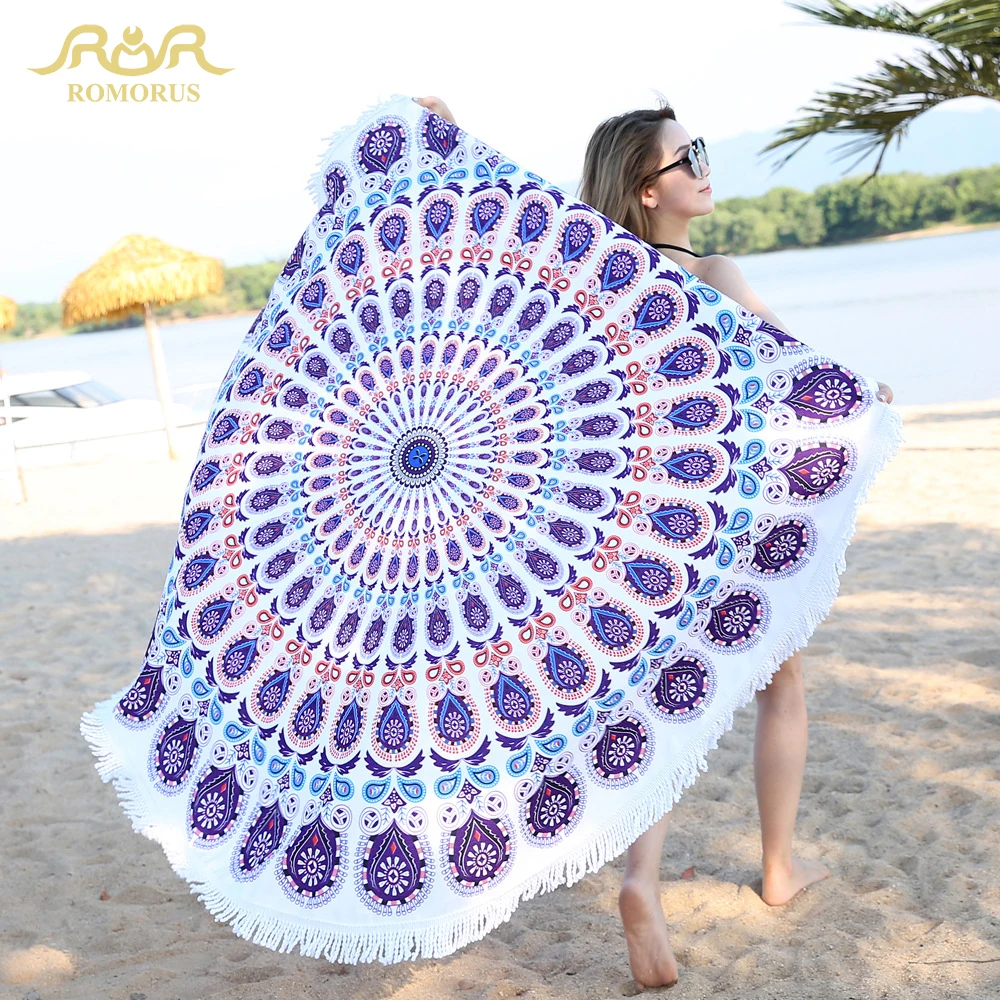 

ROMORUS Round Beach Towels Bohemian Mandala Circle Bath Towel 150CM Large Reactive Printing Microfiber Yoga Mat Soft Sandy Shawl