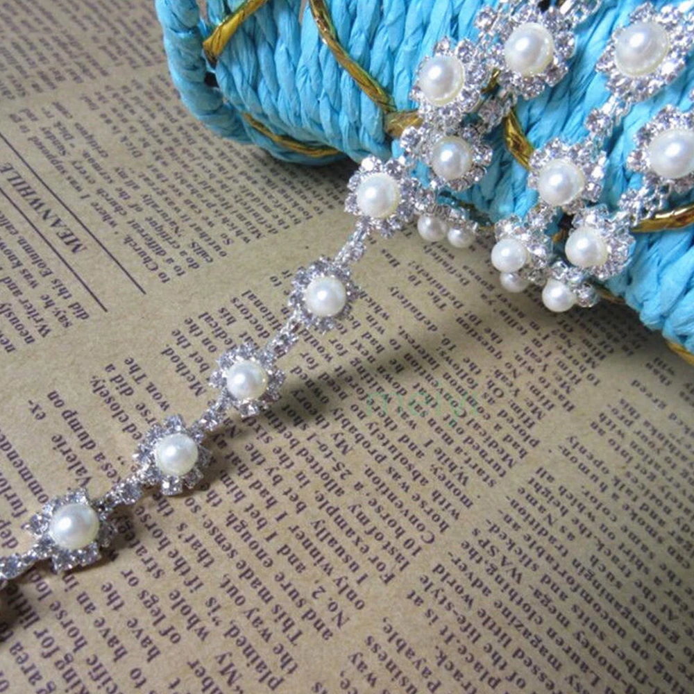 

1 Yard 5mm Rhinestone Pearl Crystal Chain Trim Ribbon Silver Applique Bridal Sash Sewing on Wedding Dress Clothes Handicraft