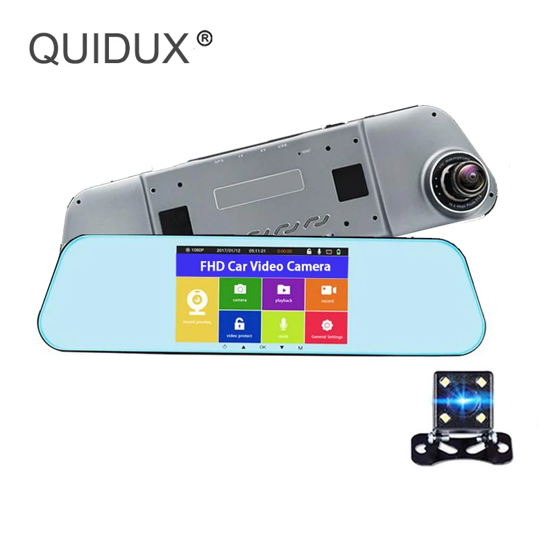 QUIDUX 5 &quotСенсорное Автомобильное зеркало заднего вида DVR с двумя объективами Full HD