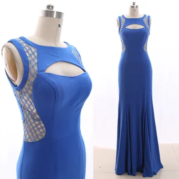 

MACloth Blue A-Line O Neck Floor-Length Long Beading Jersey Prom Dresses Dress M 265985 Clearance