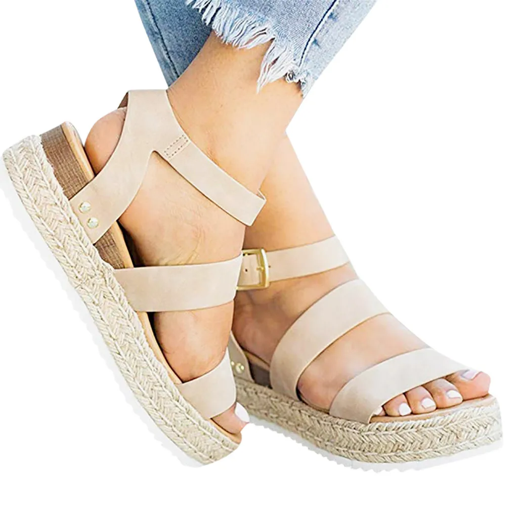 

Fashion Ladies Flat Sandals Round Toe Ankle Thick Bottom Buckle Strap Bohemian Style Roman Sandals Sandale Plateforme Femme