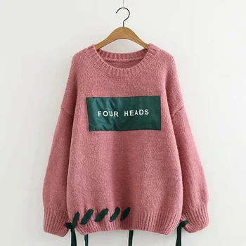 

H.SA Autmn Winter Women Pullover and Sweaters O neck Tied Harajuku Lace Up Knit Jumpers Letters Chic Pull Sweater christmas