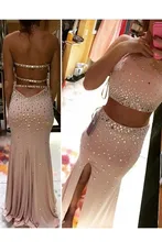 2016 Sexy Backless Champagne Mermaid Zwei Stücke Prom Kleider Lange Perlen Halfter Open Back Jersey Mädchen Formales Abschlussball-kleid