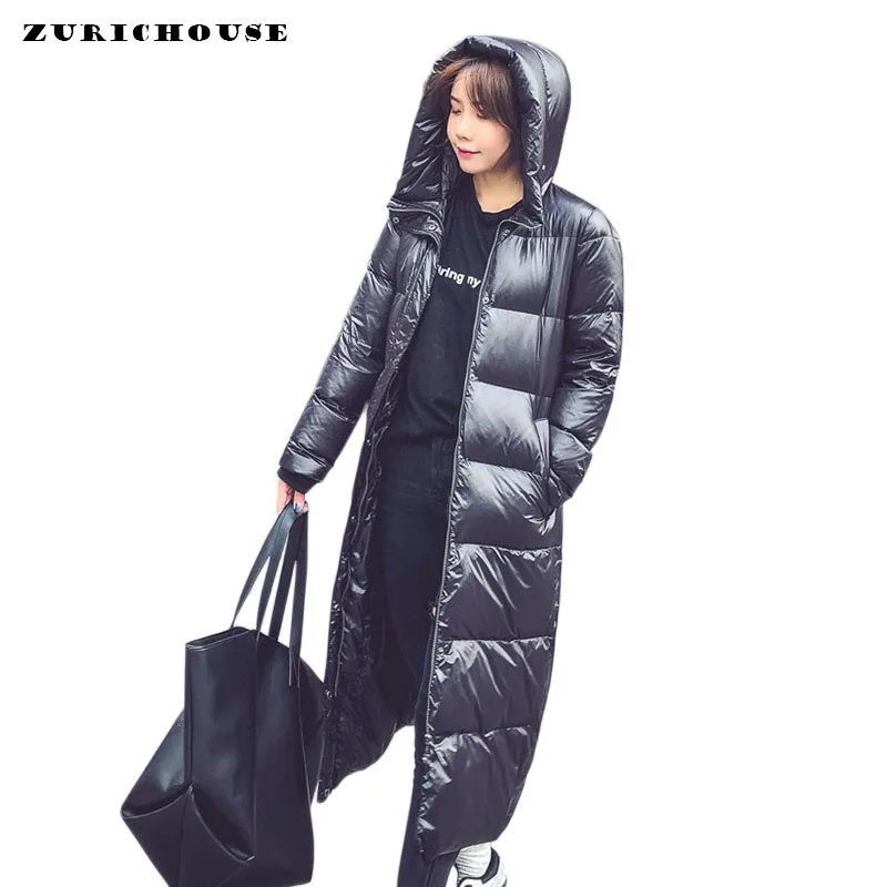 

ZURICHOUSE 2019 Winter Duck Down Coats Woman Long Down Jacket Hooded Glossy Black Thick Warm Winter Jackets Parka Ladies