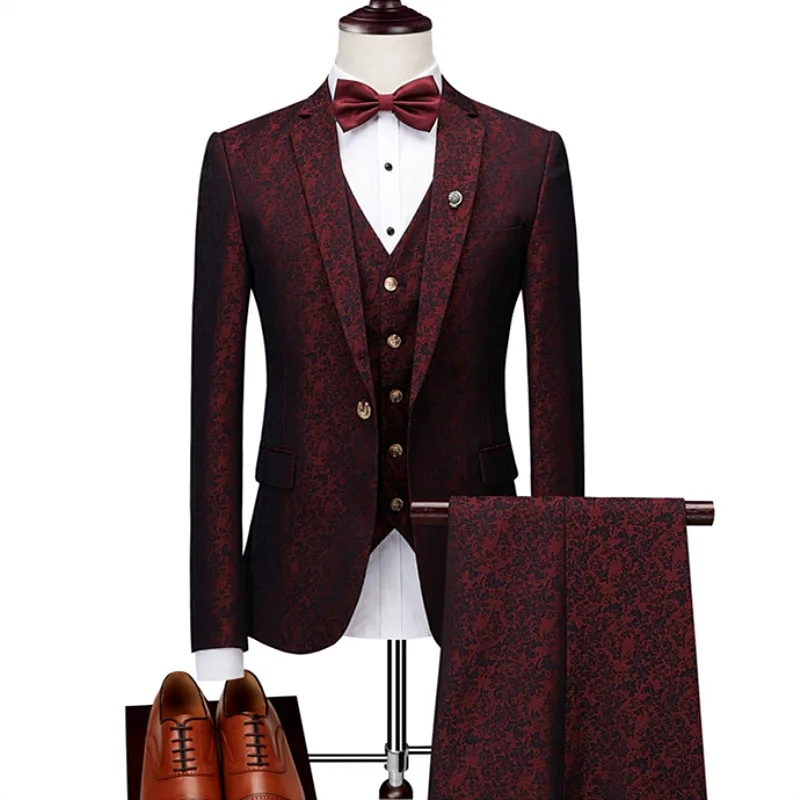

High-end custom Plus size 3 piece set (suit + pants + vest) / luxury printed blazer business men's slim wedding banquet suits
