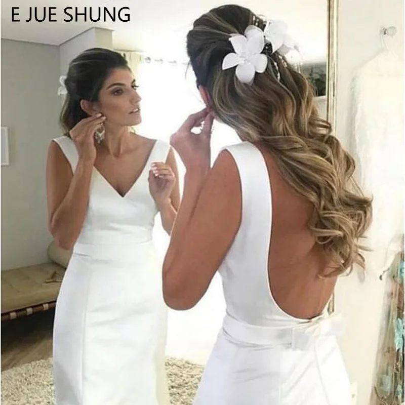 ^Cheap E JUE SHUNG White Satin Eenvoudige Mermaid Trouwjurken 2020 Backless Strand Bruid Jurken vestido de noiva robe de mariee