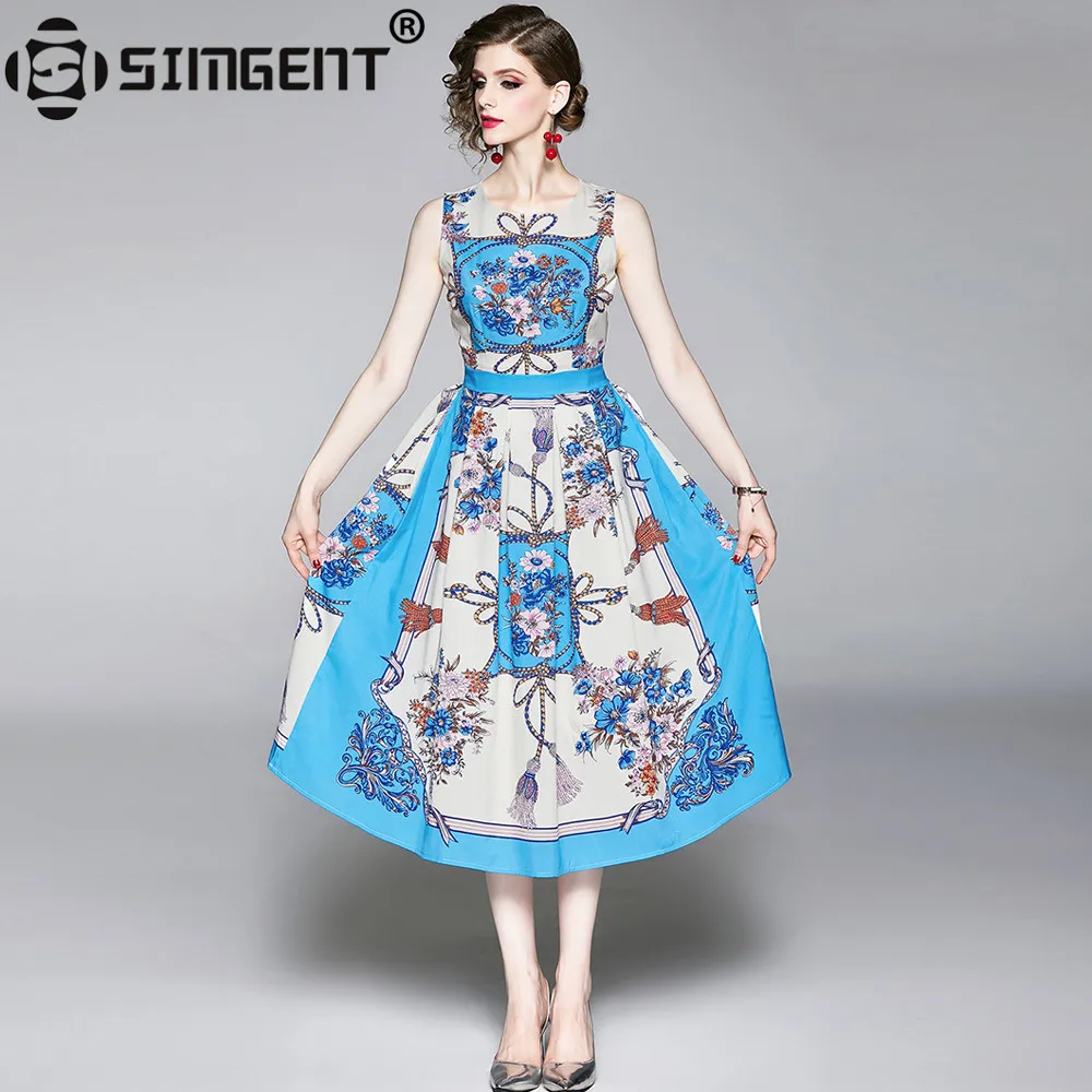 

Simgent Sleeveless Dress Ladies Summer Fashion One Neck Flower Print Elegant Casual A Line Midi Dress Women Robe Longue SG9768