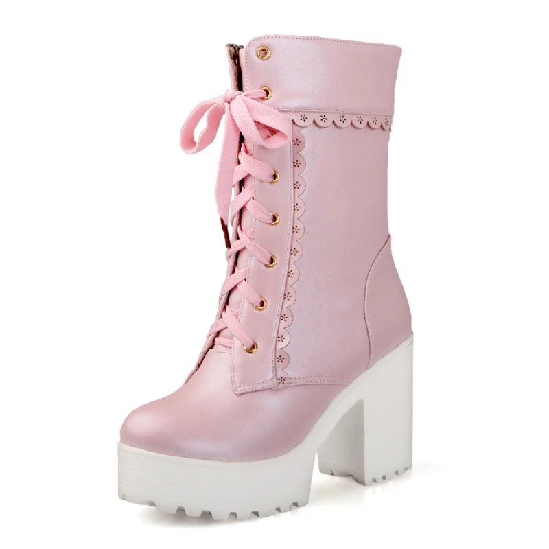Karinluna/ г. Демисезонные ботильоны на платформе со шнуровкой Женская обувь на высоком квадратном каблуке с цветочной каймой большой размер 33-42 - Цвет: Розовый