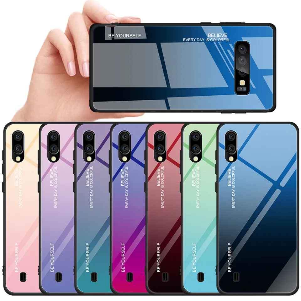 

Beyour Gradient Tempered Glass Phone Case for Samsung Galaxy A50 A70 A40 A30 A20 A10 M30 M20 M10 Aurora Colorful Balck Cover