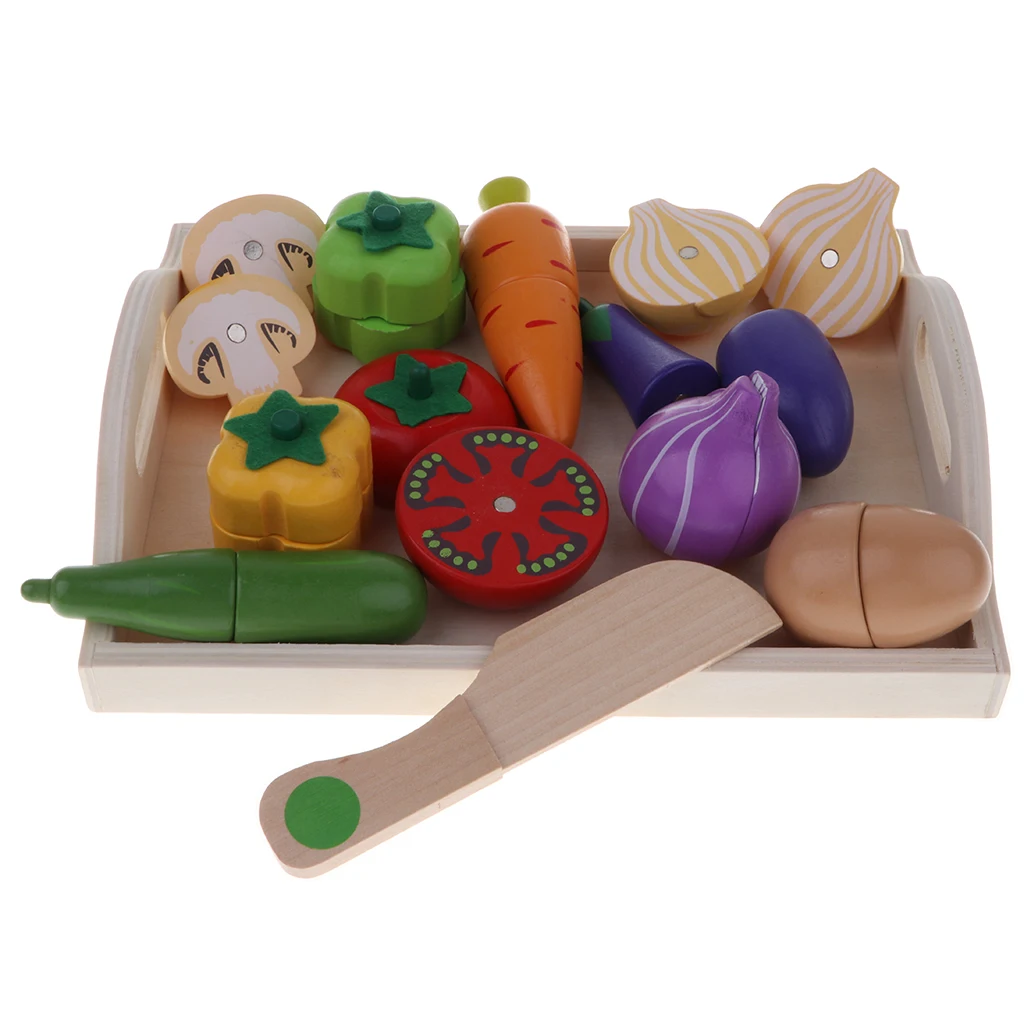 12Pcs Wooden Magnetic Cutting Toy, Pretend Play Food Set with Tray Kids Early Educational Toy Christmas Gift