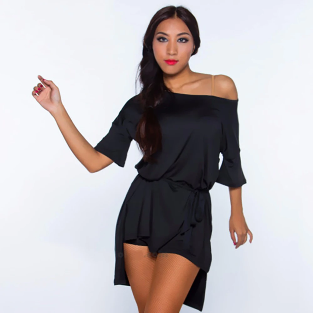 Ballroom Latin Dance Tops For Women Black Irregular Shoulder Split