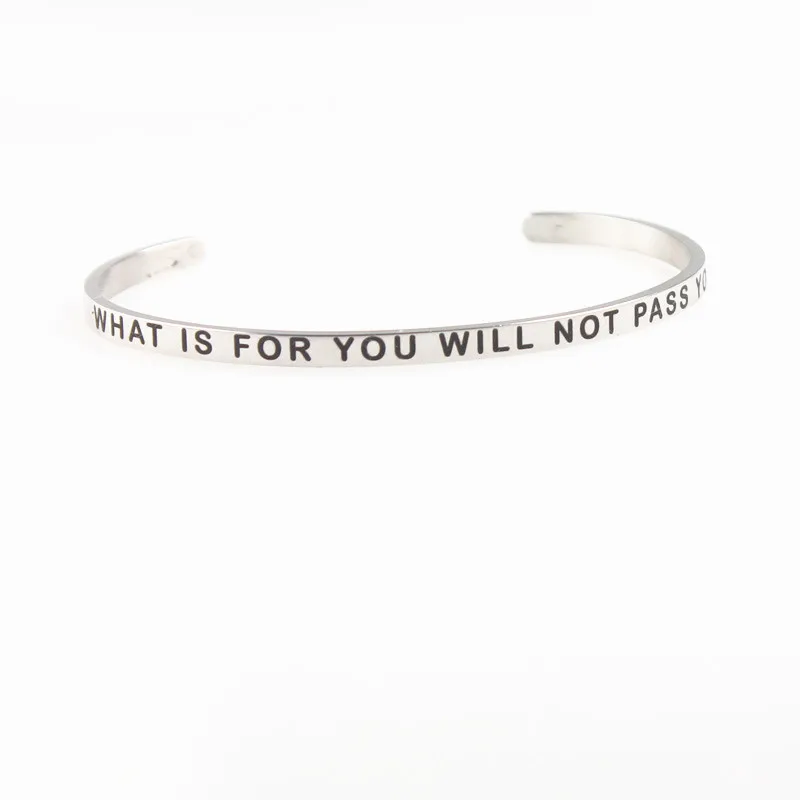 

Silver Stainless Steel Engraved Positive Inspirational Quote fashion Cuff Mantra Bracelet Bangle for Women