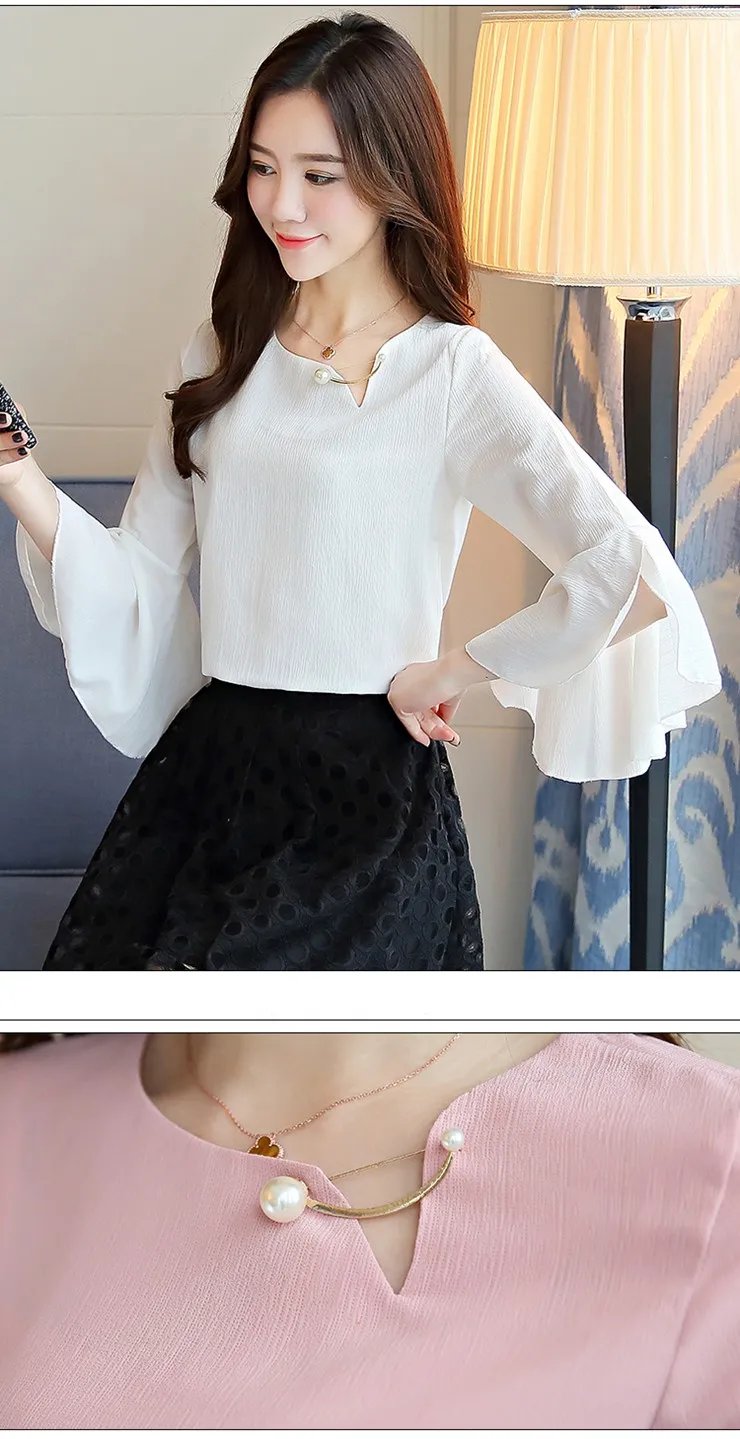 Women Blouses 2018 Elegant Summer Shirts Ladies Solid O-Neck Three Quarter Sleeve Blusas Femininos Casual Pink Tops Ete (10)