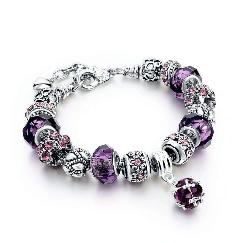 Европейский Хрустальный очаровательный браслет для женщин с DIY стеклянными бусинами Браслеты& Браслеты DIY Ювелирные изделия SBR160010 - Окраска металла: purple