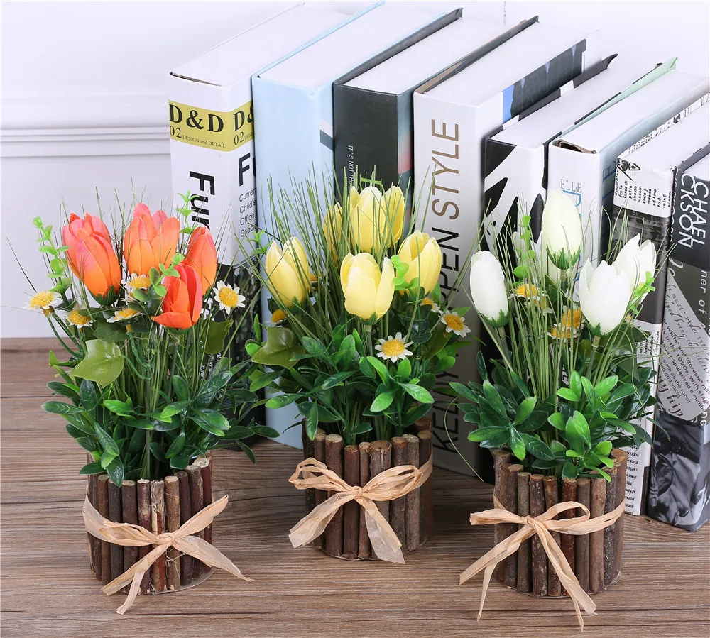 Artificial Decorative Flowers+Vase Real Touch TuliP for Wedding