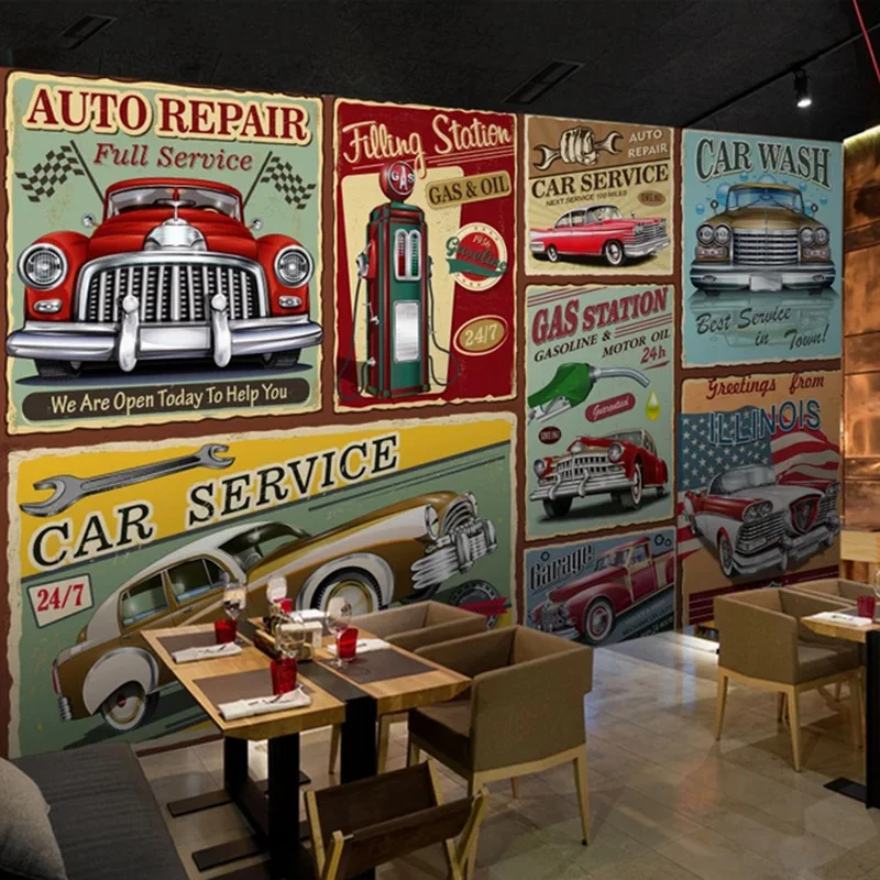 Foto Papel de Parede Retro Nostálgico Pintados à Mão Estilo Europeu Clássico Carro Murais Bar Restaurante Fundo Papel de Parede para Paredes 3d
