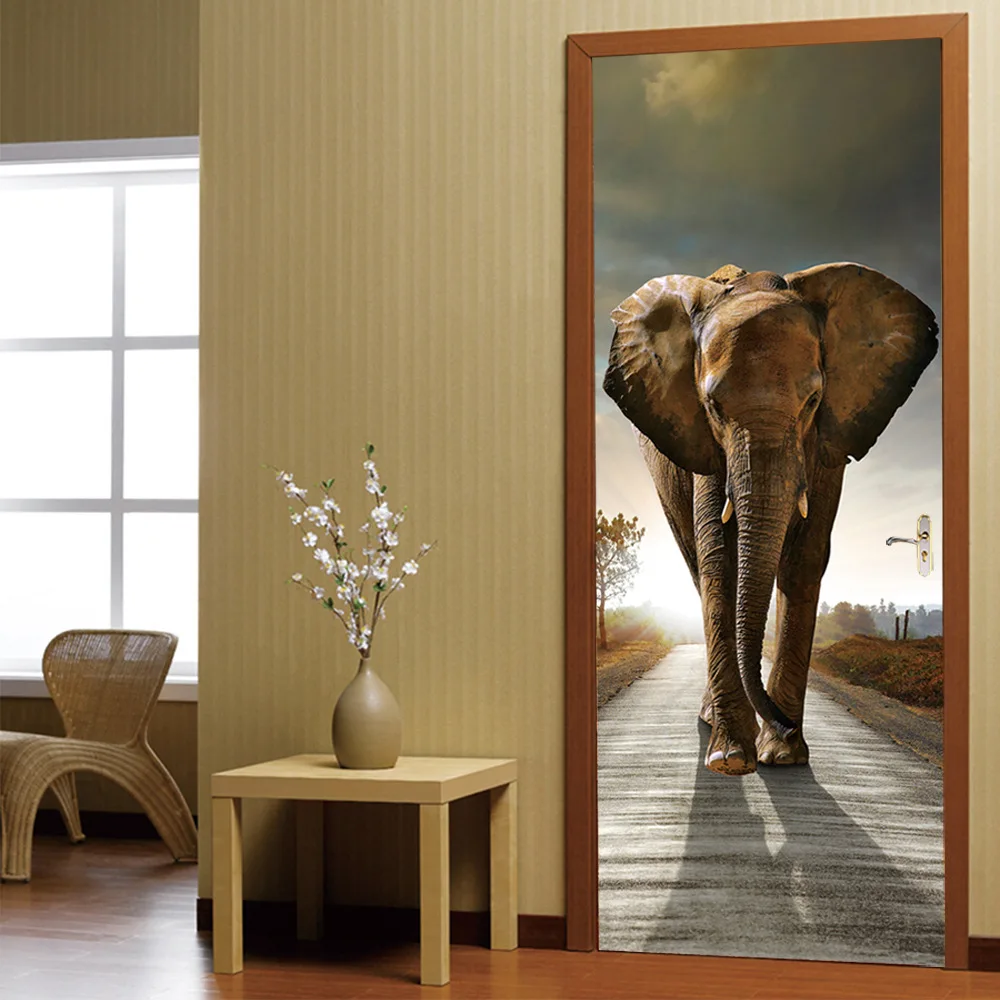 

New Africa Elephant Vivid Door Sticker Animal Living Room Bedroom Decoration Decal 3D DIY Wooden Door Mural Self Adhesive Poster