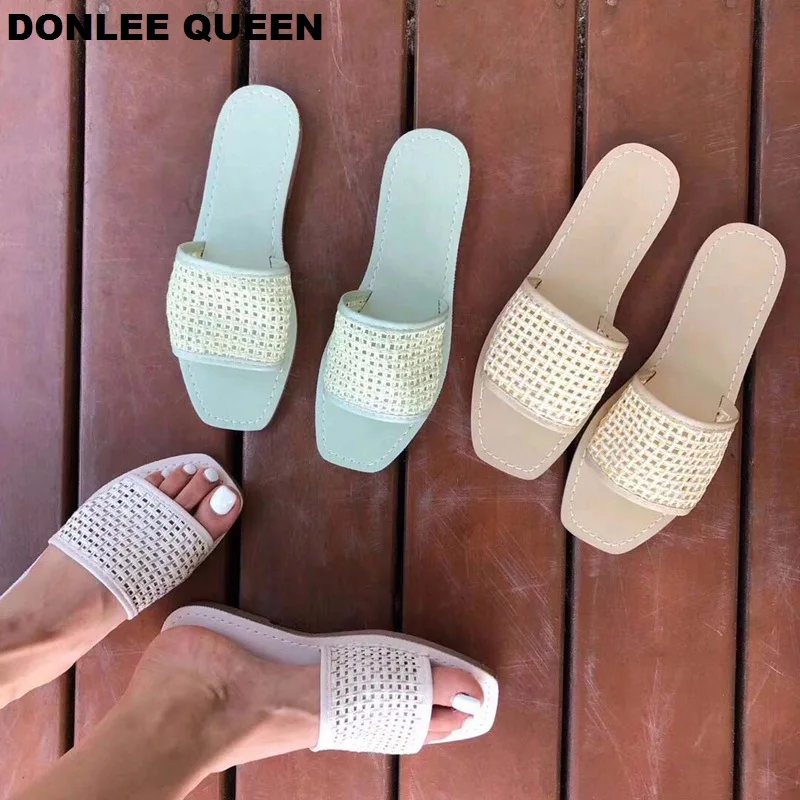 

2019 Summer Fashion Weaving Cane Shoes Women Flat Slippers Casual Flip Flops Zapatillas Mujer Bohemia Sandal Outdoor Slides Shoe