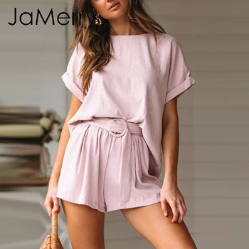 

JaMerry Casual solid pink two-piece romper jumpsuit women Summer streetwear playsuit jumpsuit Ladies top shirt overalls shorts