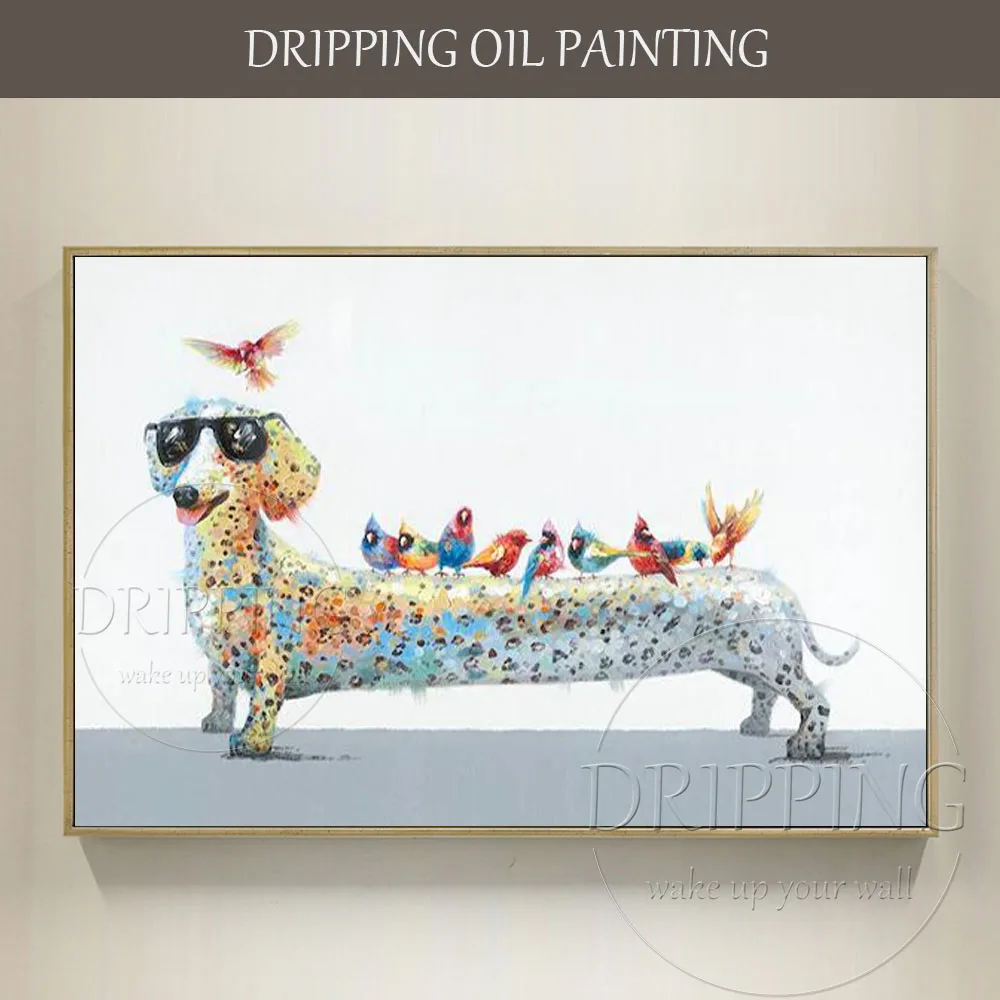 

Hot Selling Artist Hand-painted High Quality Funny Dog Dachshund Oil Painting on Canvas Funny Dachshund and Birds Oil Painting