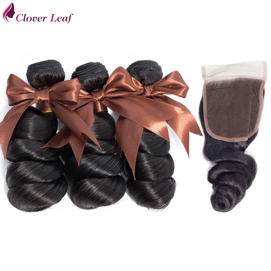 

Clover Leaf Loose Wave Hair 3 Bundles With Closure Non Remy Human Hair Weave With 4*4 Lace Closure Brazilian Hair Extensions