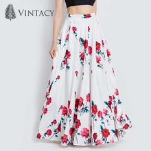

Vintacy Long Skirts for Women White Print Floral Red Rose Pleated Maxi Skirts Full Ball Grown Party Plus Size High Waist Skirt