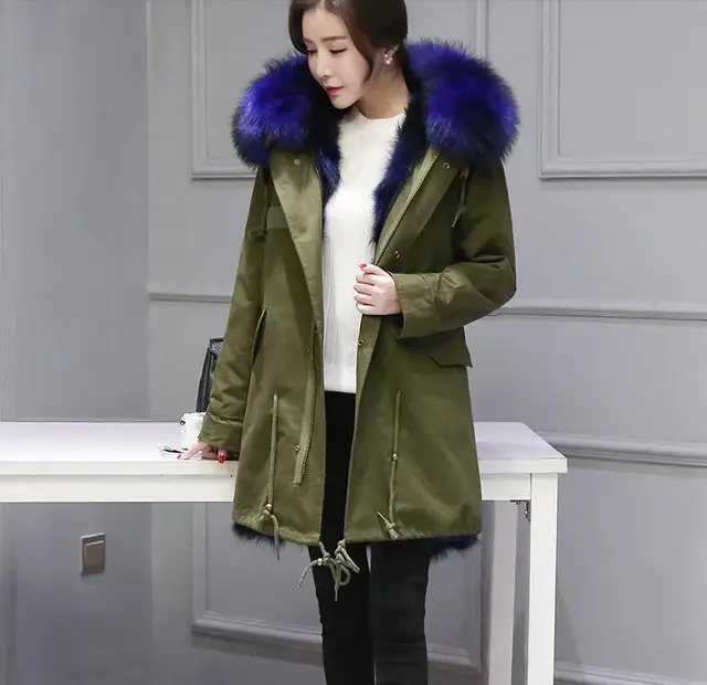 Cheap Women Winter Coat 2016 New Army Green Coats Natural Fox Fur Lining Parkas Plus Size Real Raccoon Fur Collar Hooded Jacket Female