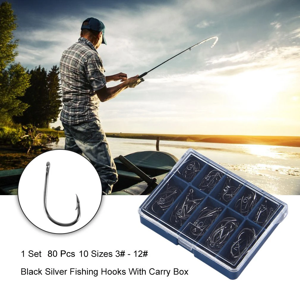

Wholesale 100pcs Sharpened Hooks Silver Fishing 10 Compartments Box Tackle Practical Lures Hooks 3# To 12# with Hole Fishing