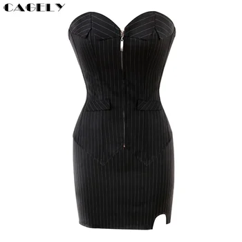 

OL Pinstripe Corset Dress Set Boned Overbust Zip Corset Mini Skirt G-string 3pcs Lacing up Bustier Slim Outfits S-6XL Plus SIze