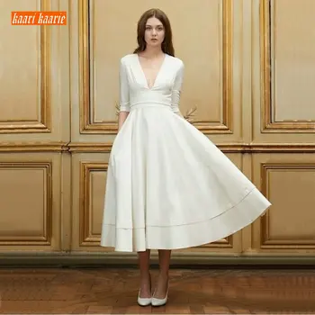 

Luxury Boho Ivory Wedding Gowns 2019 Elegant Wedding Dress Women Party Bohemian V-Neck Zipper Stretch Fabric rural Bride Dresses