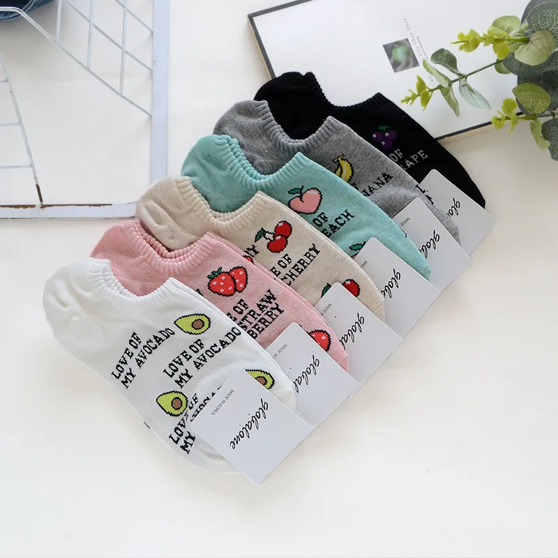 

Cartoon fruit print socks grape avocado strawberry banana peach absorb sweat breathable casual cute fun women cotton sock summer