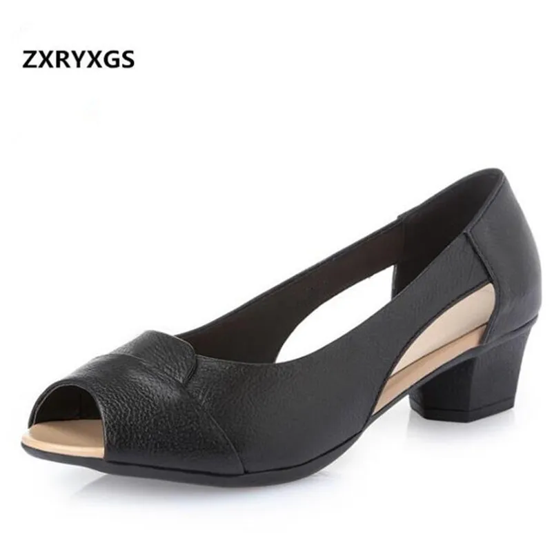 

Hot 2019 Summer New Hollow Genuine Leather Shoes Women Sandals Fish Head Comfortable Women Shoes Soft Breathable Fashion Shoes