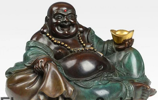 

007638 12" Chinese Pure Bronze Gilt Wealth Happy Laugh Maitreya Buddha Money Bag Statue
