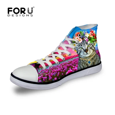 FORUDESIGNS/прогулочная обувь для студенток; парусиновая обувь на шнуровке с принтом кота и цветов; женская обувь на плоской подошве; Chaussure Mujer - Цвет: CA4702AK