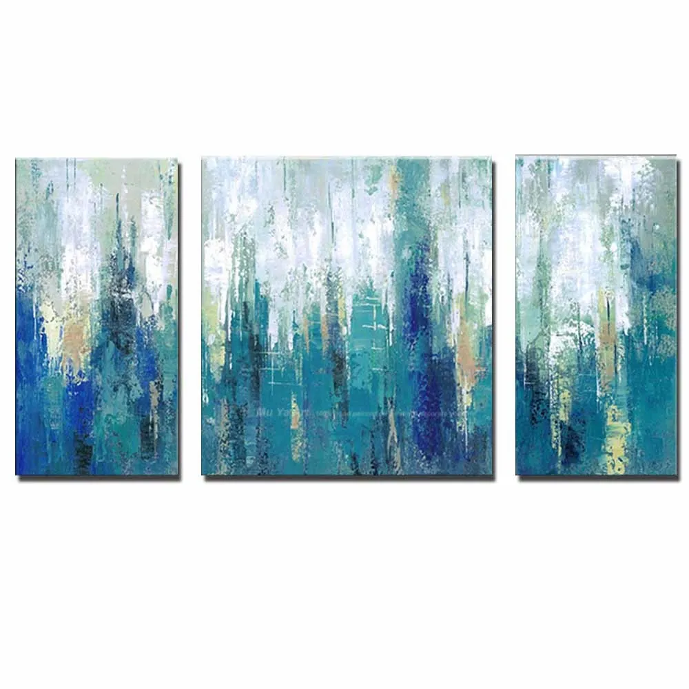 

Modern Abstract Art Handmade Three Panels Blue Color Canvas Oil Painting Blue Abstract Wall Picture Living Room Home Wall Decor