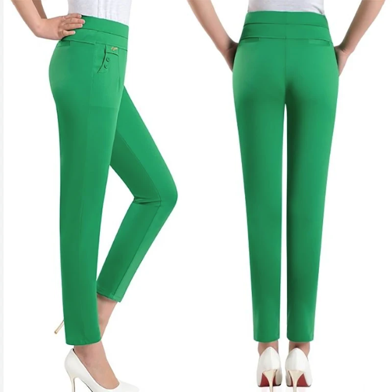 Новые Летние Осенние повседневные брюки с высокой талией, женские эластичные прямые брюки, обтягивающие женские брюки, цвета хаки, черный, большие размеры XL-5XL - Цвет: color 3