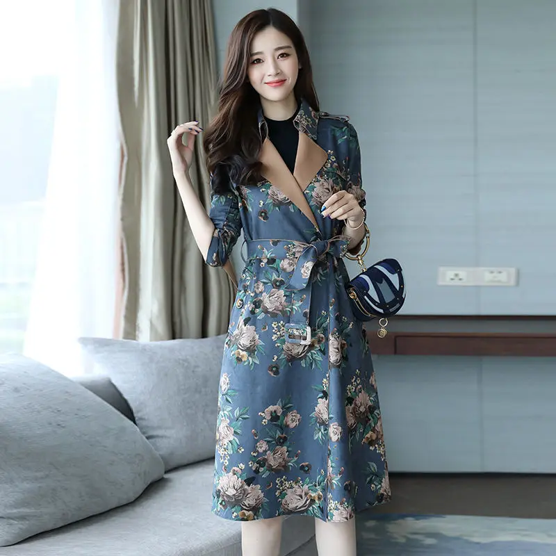 

Floral Suede Trench Coat Women Plus Size Fashion Elegant Long Coat Women Manteau Femme Trench Coats With Belt Outerwear C5576